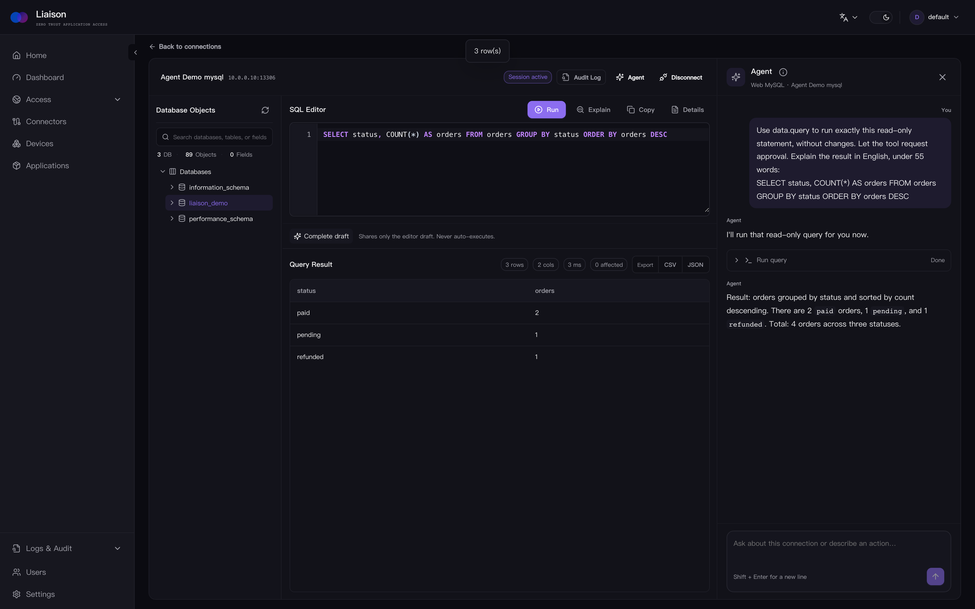Liaison Web MySQL workspace